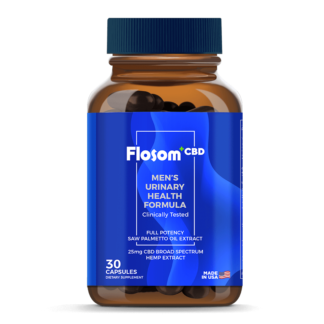 A brown bottle of supplement with a blue cap and a label from the Folsom brand contains 30 capsules from the men's urinary health formula.