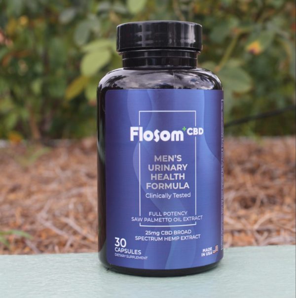 A brown bottle of medicine with a blue cap and a label from the Folsom brand contains 30 capsules from the men's urinary health formula.